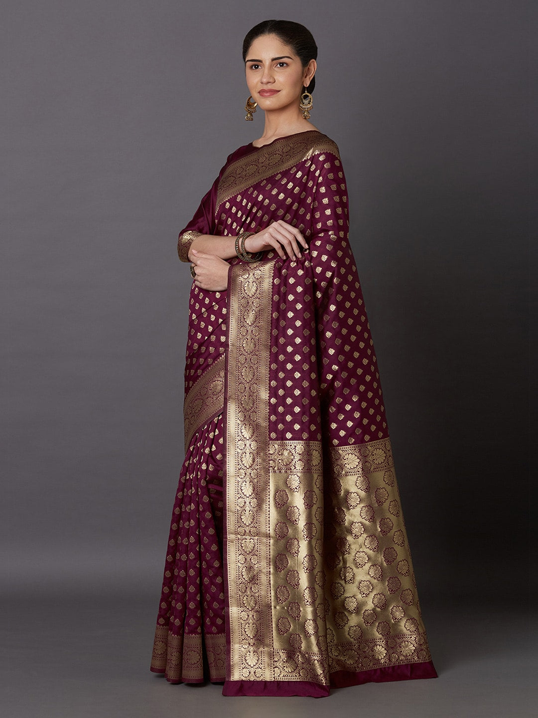 Mitera Magenta & Gold-Toned Silk Blend Woven Design Kanjeevaram Saree - Distacart