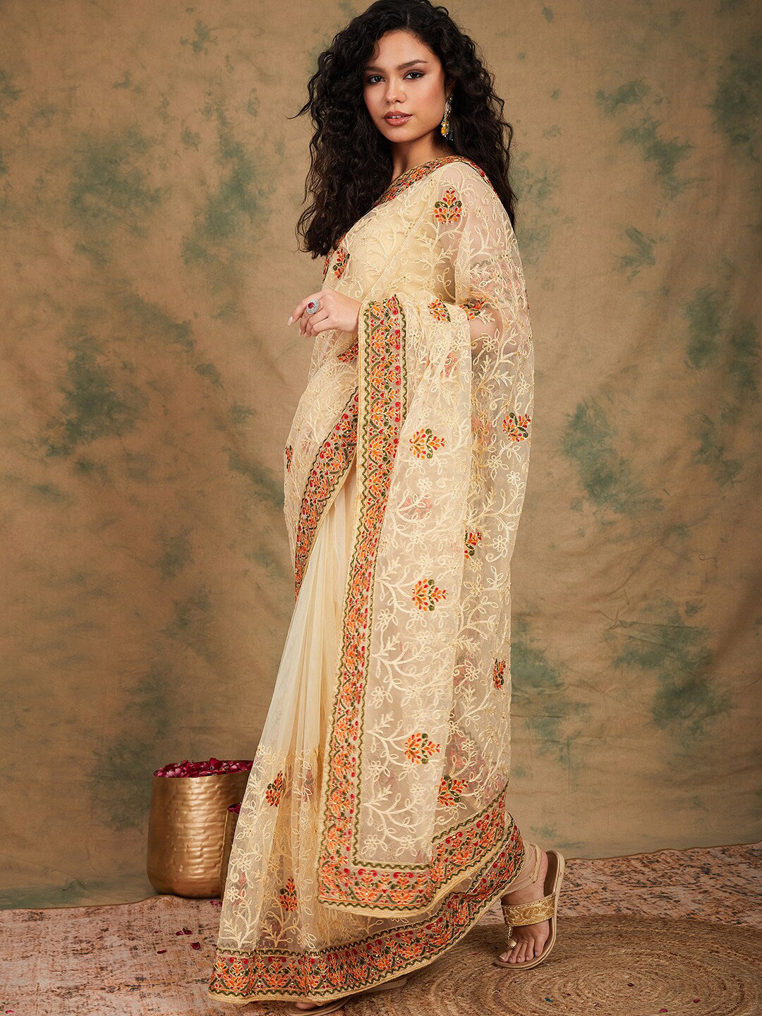 Sangria Yellow Beige Embroidered Net Sarees - Distacart