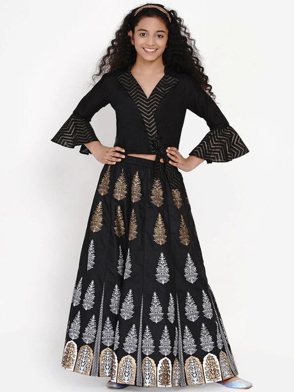 NOZ2TOZ Black & Gold-Toned Block Printed Ready to Wear Lehenga & Choli Set For Girls - Distacart