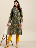 Thumbnail for Sangria Women Olive Green & Mustard Yellow Pure Cotton Floral Printed Kurta - Distacart
