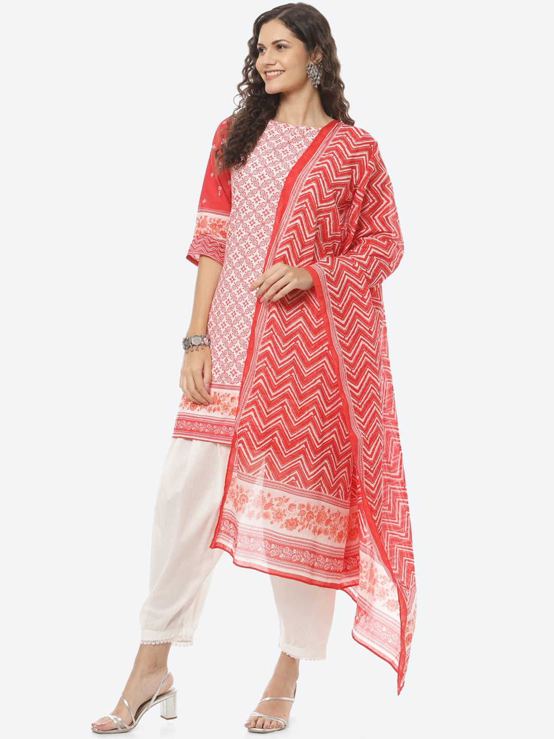 Biba Women Red Ethnic Motifs Printed Pure Cotton Kurta with Salwar & With Dupatta - Distacart