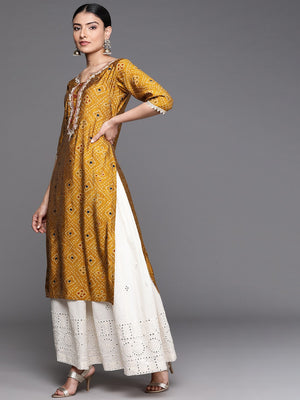 Libas Mustard Yellow Bandhani Print Thread Work Indie Prints Chanderi Silk Kurta - Distacart