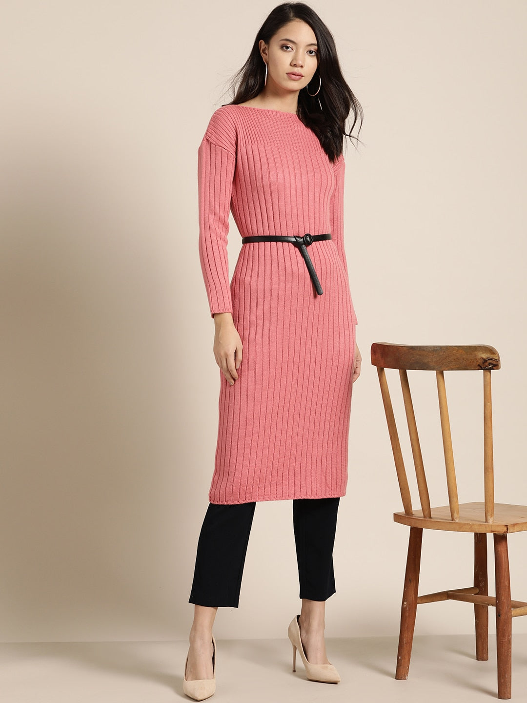 Sangria Pink Self-Striped Straight Winter Kurta - Distacart