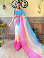 Thumbnail for Mitera Blue & Pink Ombre Embellished Pure Georgette Designer Saree - Distacart