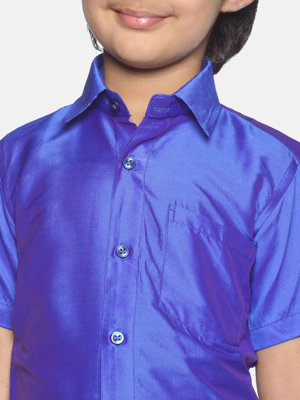 Sethukrishna Boys Blue & White Solid Shirt with Veshti Set - Distacart
