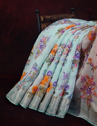 Thumbnail for Shades of Sky Blue With Orange Blouse Floral Design Semi Chanderi Saree By Gayathri Reddy Designer Studio - Distacart