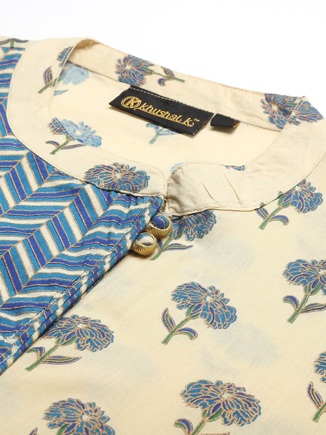 Khushal K Women Beige Floral Printed Regular Gotta Patti Pure Cotton Kurta with Trousers & With Dupatta - Distacart