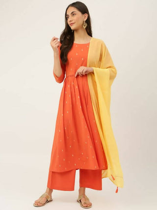 FIORRA Women's Orange Poly Crepe Flared Kurta With Dupatta - Distacart