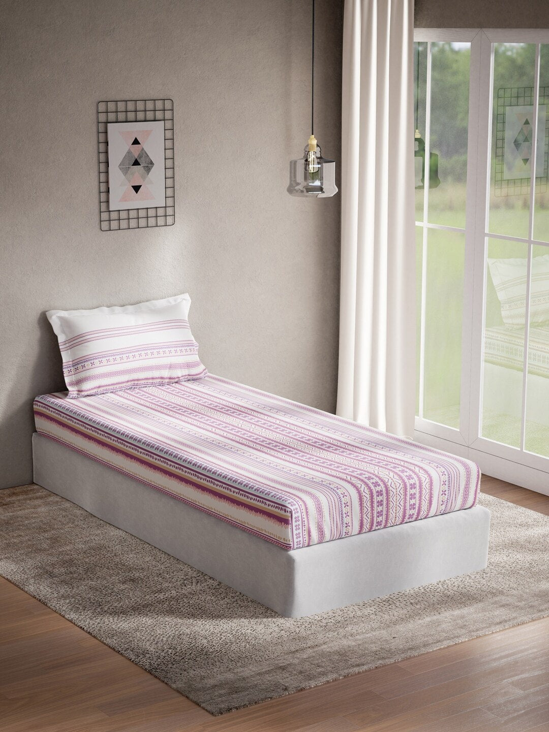 DDecor Purple & White Ethnic Motifs 144 TC Cotton Single Bedsheet with 1 Pillow Cover - Distacart