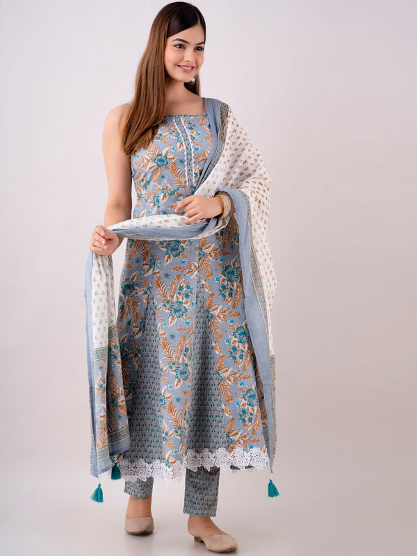 Kalini Floral Printed Shoulder Strap Sleeveless Anarkali Kurta with Trousers & Dupatta - Distacart