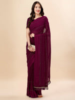 Thumbnail for Mitera Purple & Black Striped Stone Work Pure Chiffon Saree - Distacart
