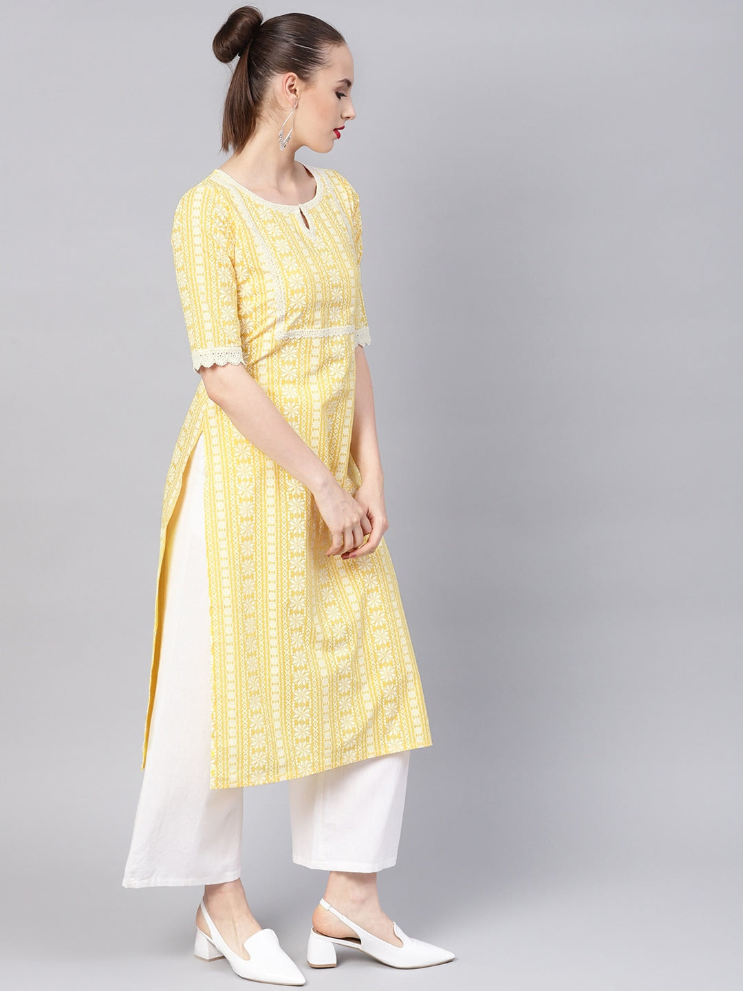 Libas Yellow & White Block Print Straight Kurta - Distacart
