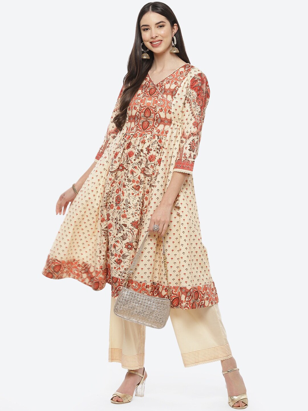 Biba Cream-Coloured Ethnic Motifs Printed Pure Cotton Kurta with Trousers - Distacart