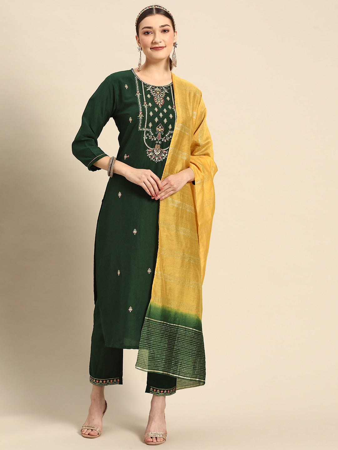 Sangria Women Green Ethnic Motifs Embroidered Pure Cotton Kurta with Trousers & With Dupatta - Distacart