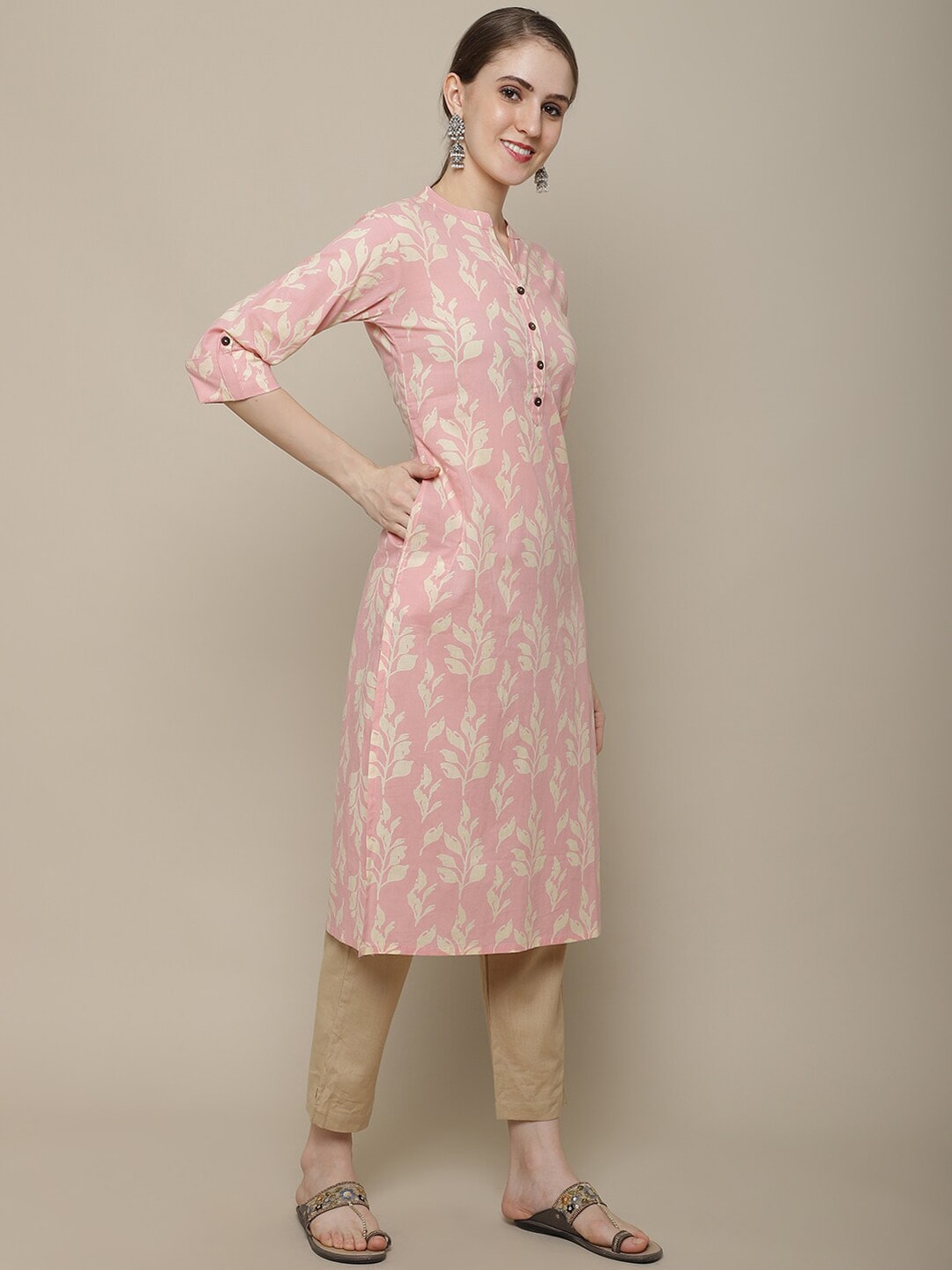 Sangria Women Pink & Beige Cotton Floral Printed Floral Kurta - Distacart