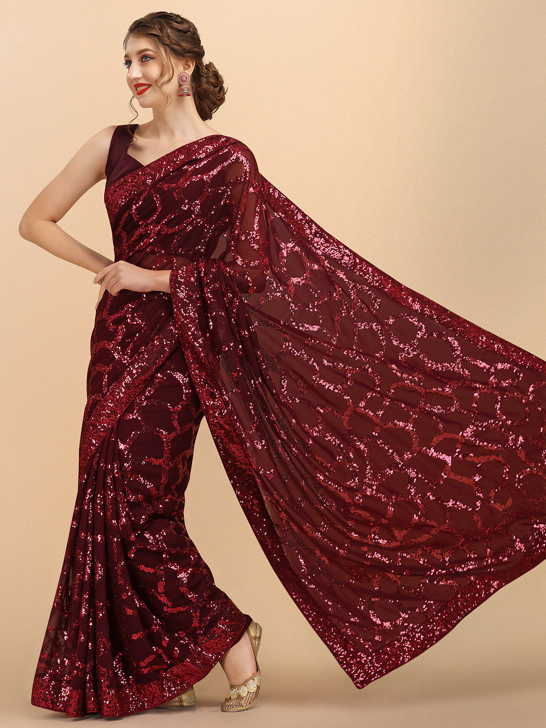 Sangria Burgundy Sequinned Pure Georgette Heavy Work Saree - Distacart