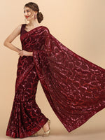 Thumbnail for Sangria Burgundy Sequinned Pure Georgette Heavy Work Saree - Distacart