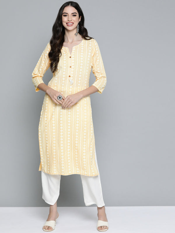 HERE&NOW Women Yellow & Off-White Printed Regular Kurta with Palazzos - Distacart