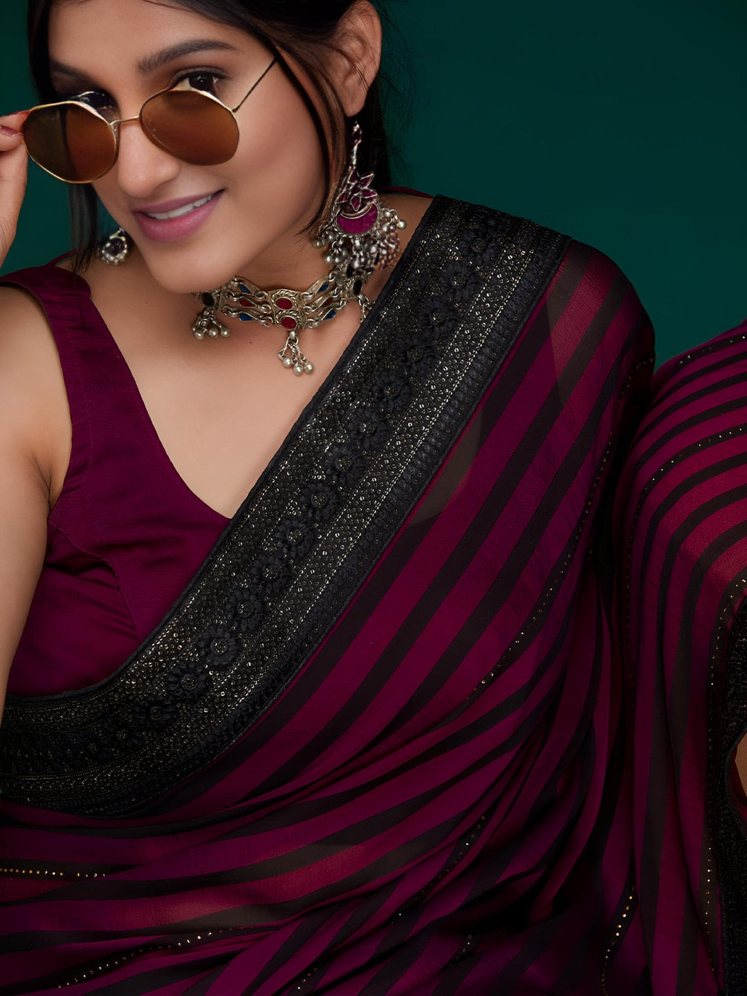 Anouk Striped Embellished Saree - Distacart