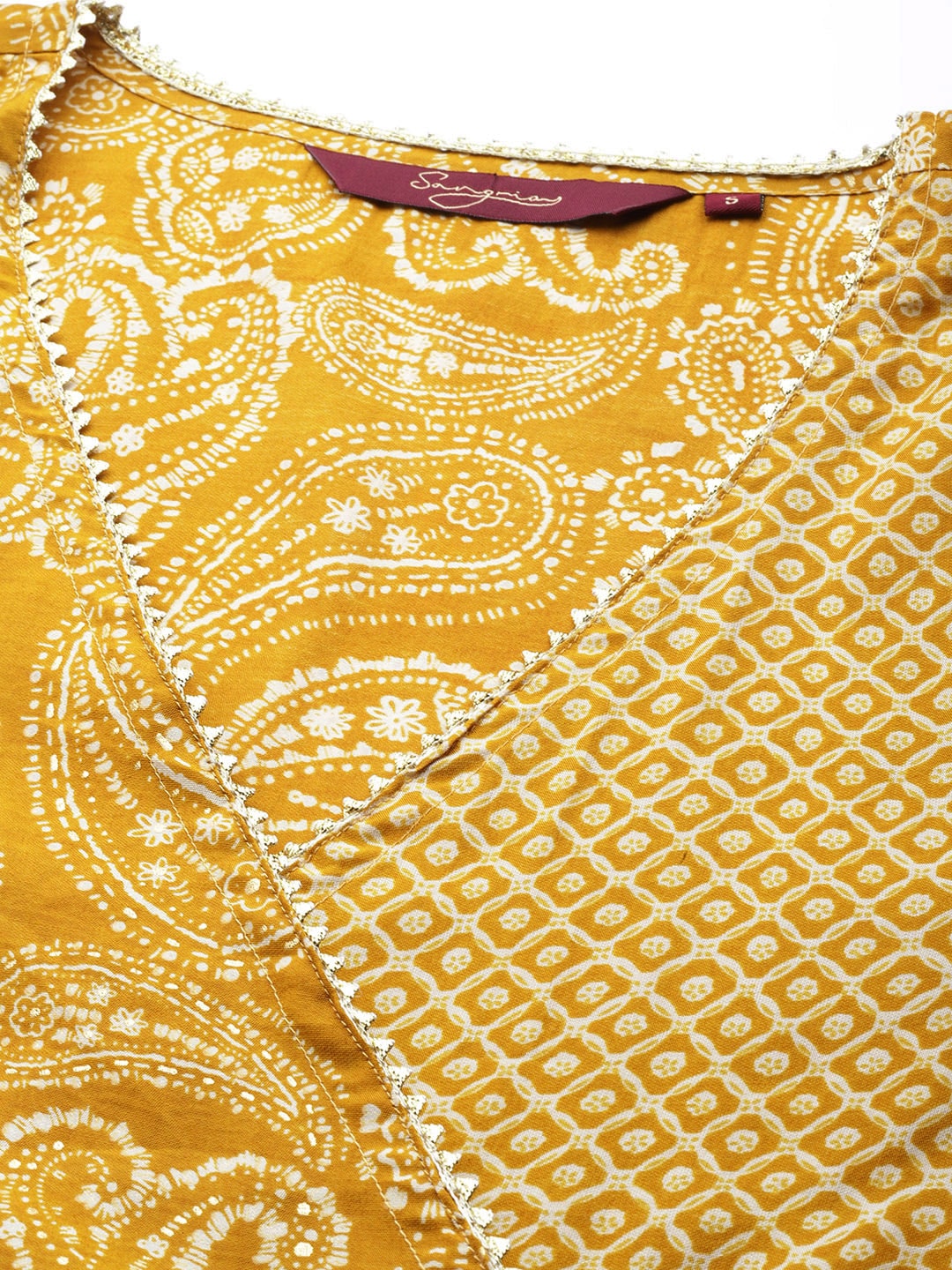 Sangria Women Mustard Yellow Ethnic Motifs Printed Angrakha Gotta Patti Kurta with Trousers - Distacart