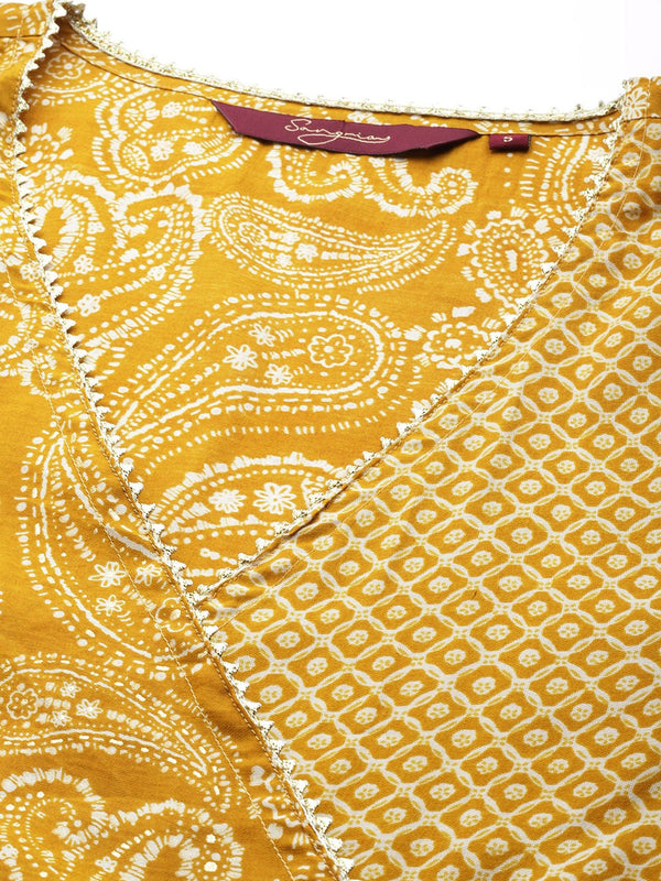 Sangria Women Mustard Yellow Ethnic Motifs Printed Angrakha Gotta Patti Kurta with Trousers - Distacart
