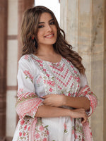 Thumbnail for Kalini Floral Printed Thread Work Pure Cotton Kurta with Trousers & Dupatta - Distacart