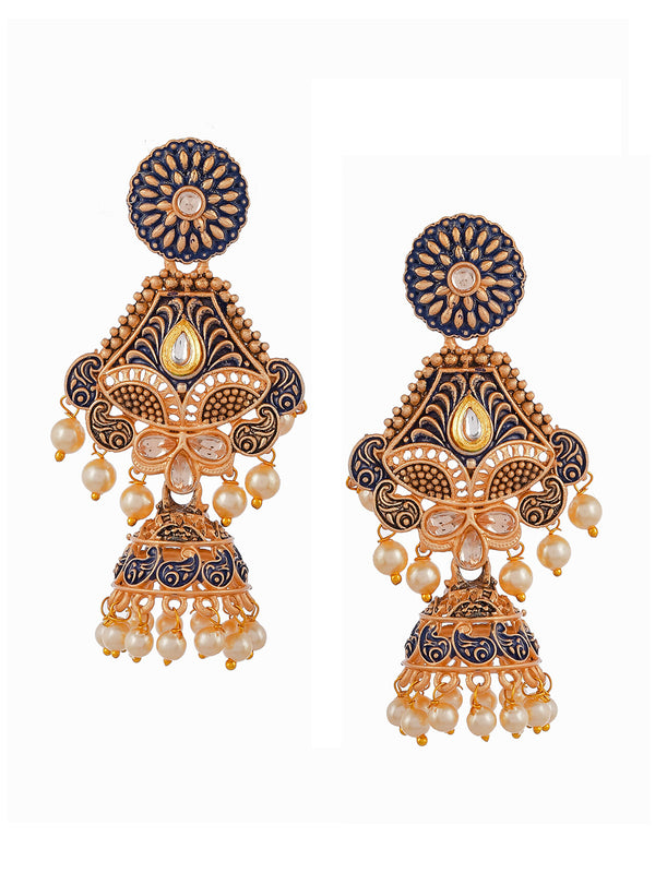 Shoshaa Blue & Gold-Toned Dome Shaped Jhumkas Earrings - Distacart