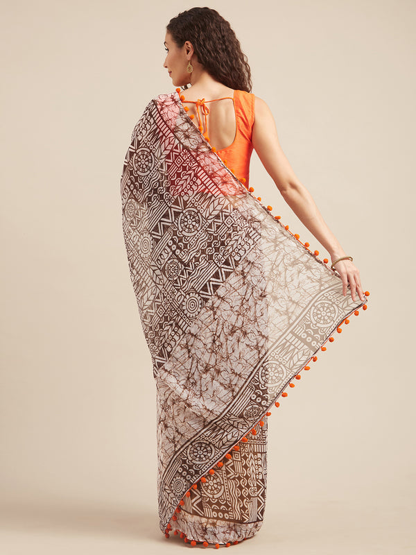 Tikhi Imli Brown & White Poly Georgette Printed Saree - Distacart