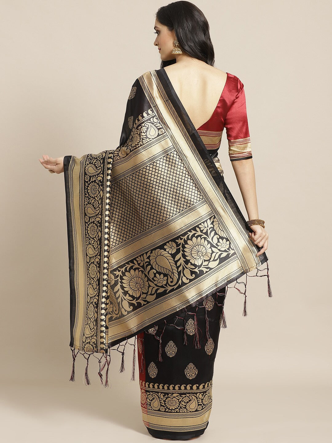 Saree Mall Black & Red Half & Half Printed Saree - Distacart