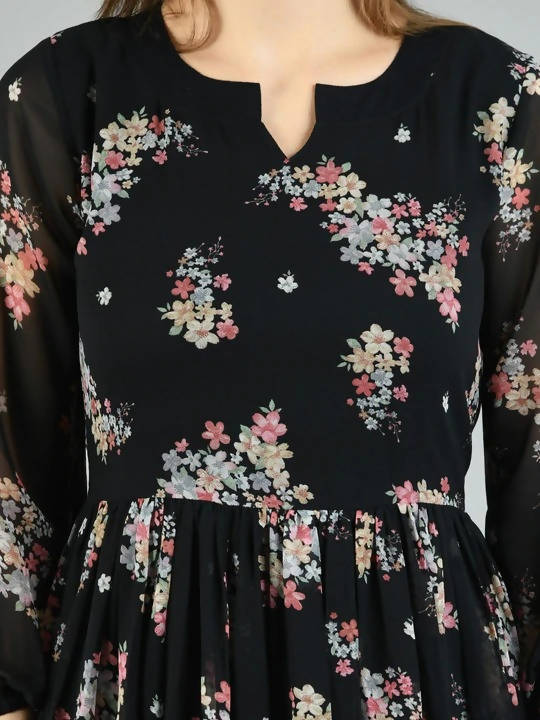 Myshka Women's Black Georgette Printed 3/4 Sleeve Round Neck Casual Dress - Distacart