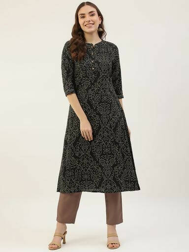 FIORRA Women's Black Printed Flared Cotton Kurta - Distacart