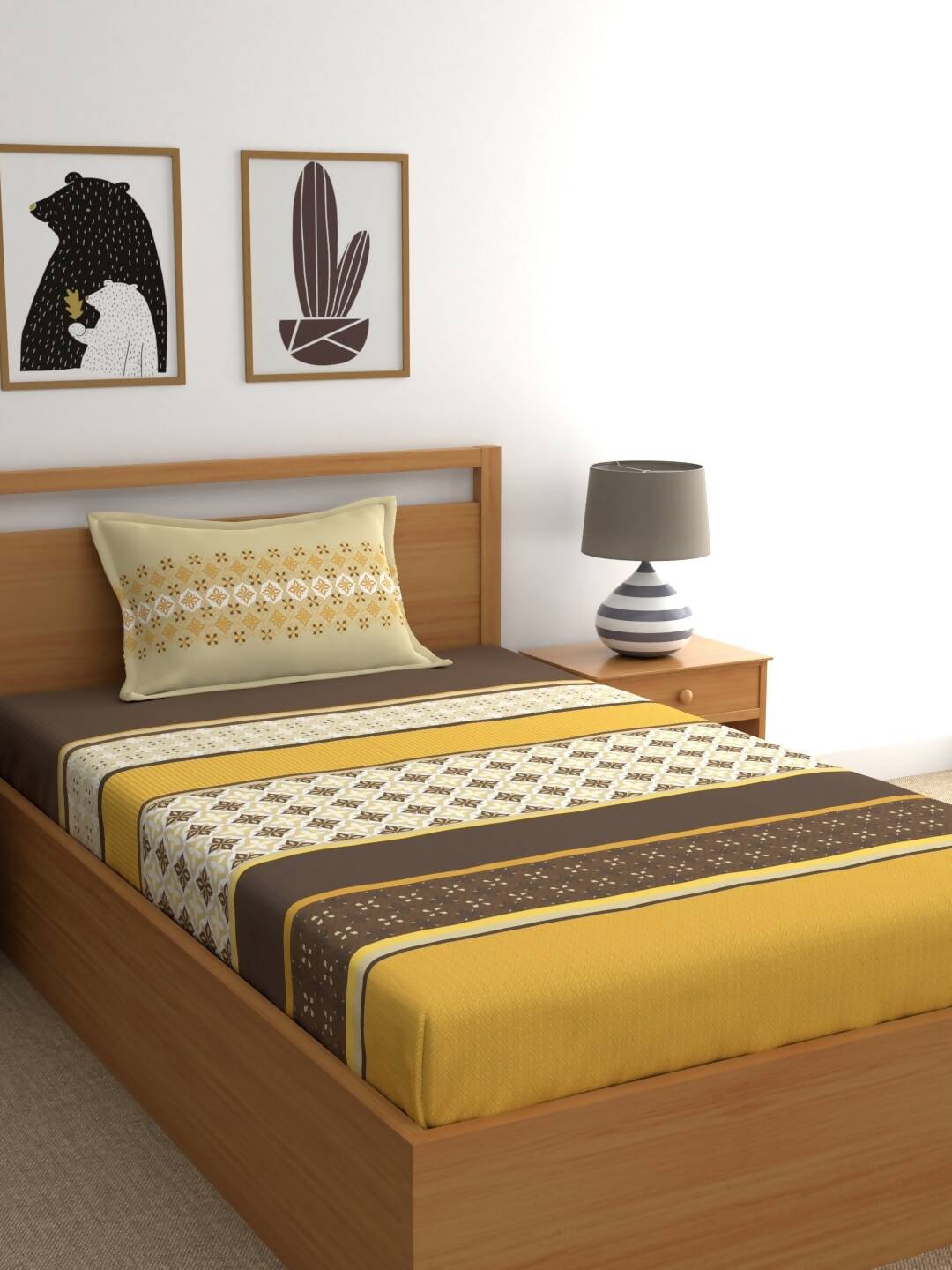 Home Ecstasy Mustard & Cream Ethnic Motifs 140TC Bedsheet With Pillow Covers - Distacart