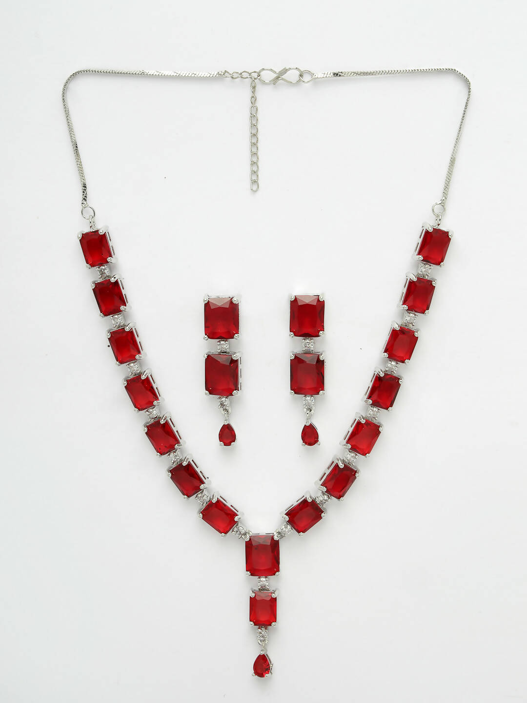 NVR Women Silver Plated & Maroon Cz Stone Handcrafted Jewellery Set - Distacart