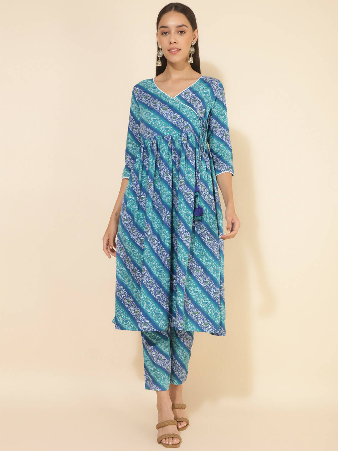 Janasya Women's Blue Cotton Bandhani Printed Casual Angrakha Co-ords - Distacart