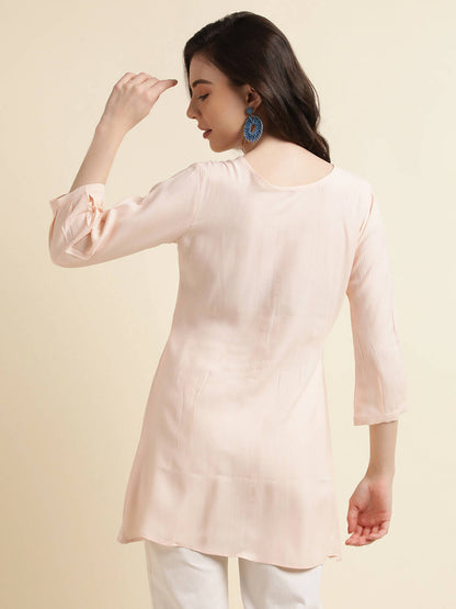 Peach Viscose Rayon Yoke Embroidered A-line Top - Tarini - Distacart