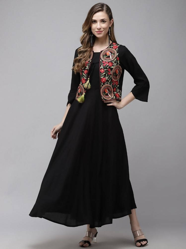 Yufta Women A-Line Black Dress With Red Embroidered Jacket