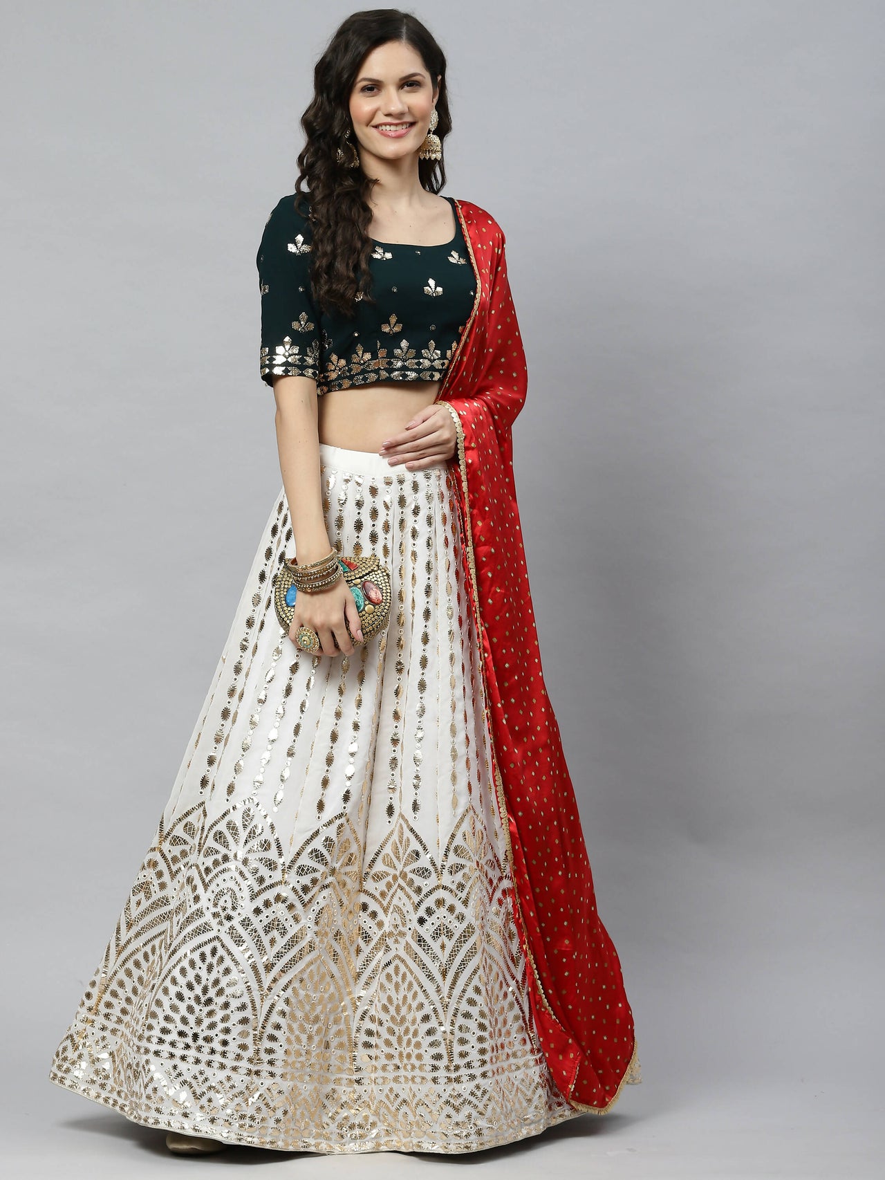 White Georgette Paper Mirror Embroidery Work Lehenga Choli with Dupatta - Jivika - Distacart