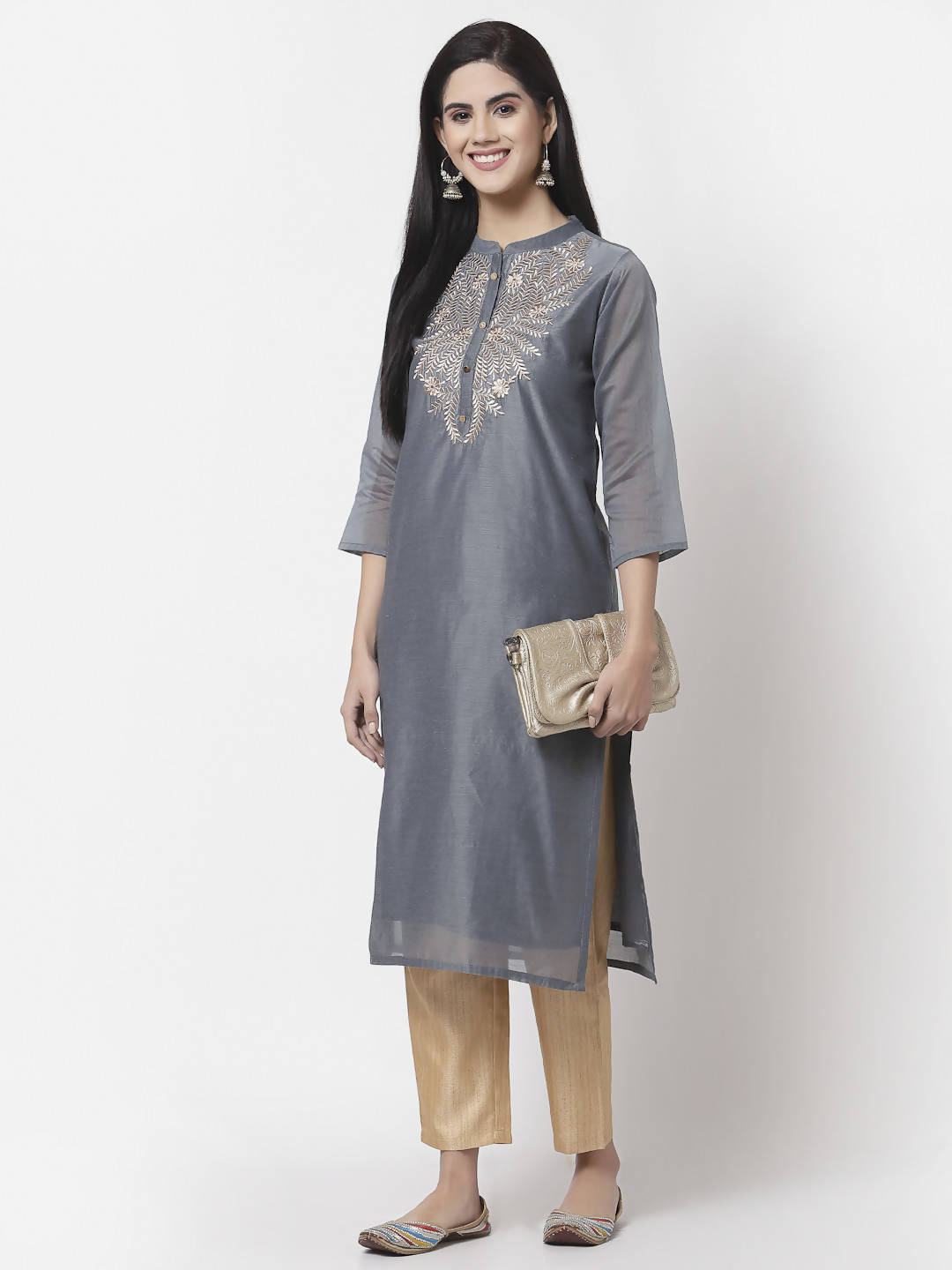 Myshka Women Grey Chanderi Embroidered 3/4 Sleeve Round Neck Kurta