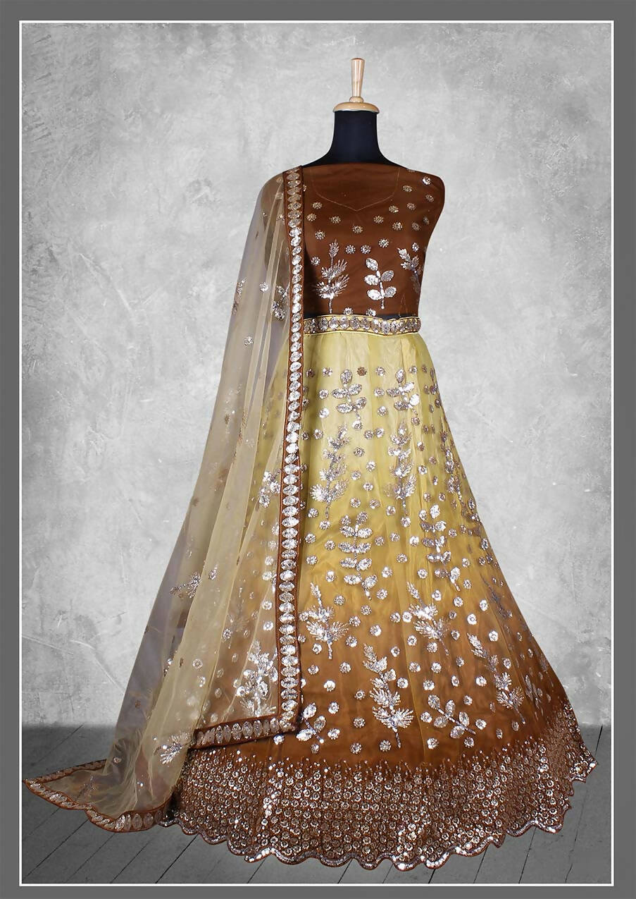 Brown Net Floral Sequins And Cord Embroidery, Cut Work Semi-Stitched Lehenga Choli - Nimaya Kangan - Distacart
