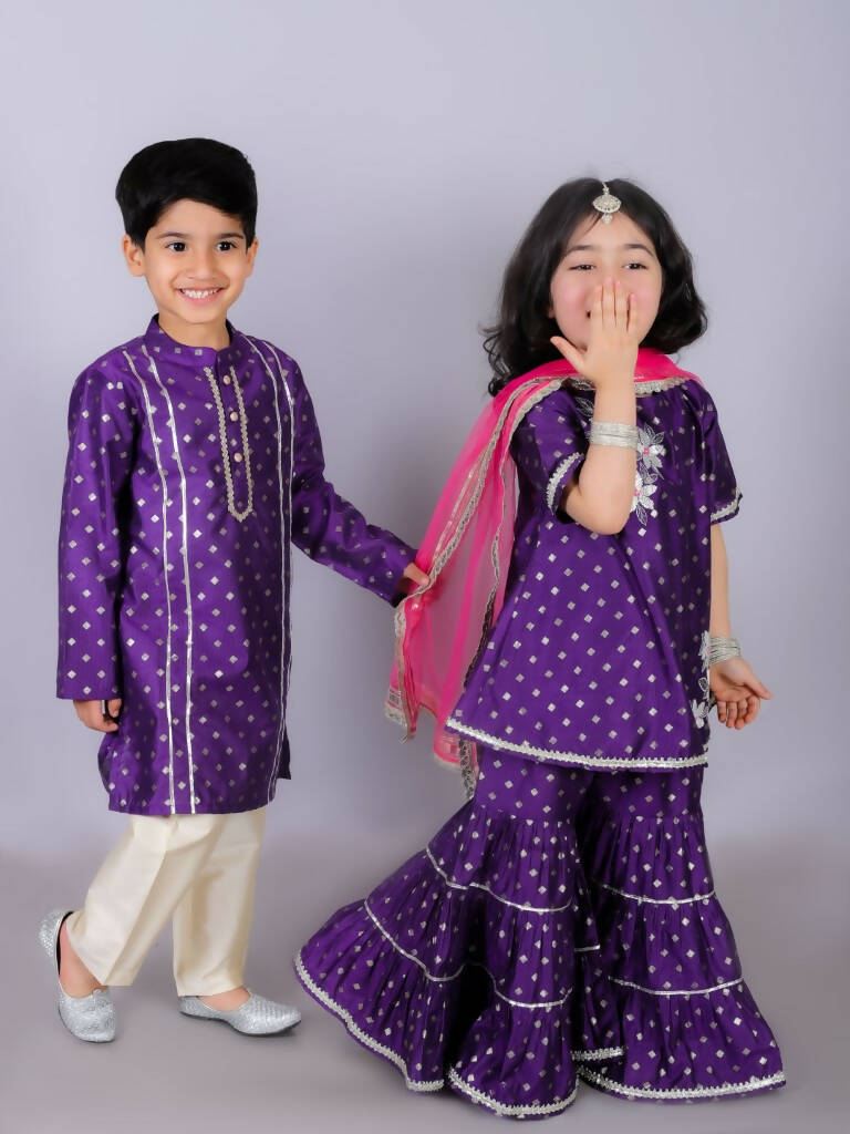 Lil Drama Ethnic Boys Purple Kurta with Golden pant set - Distacart