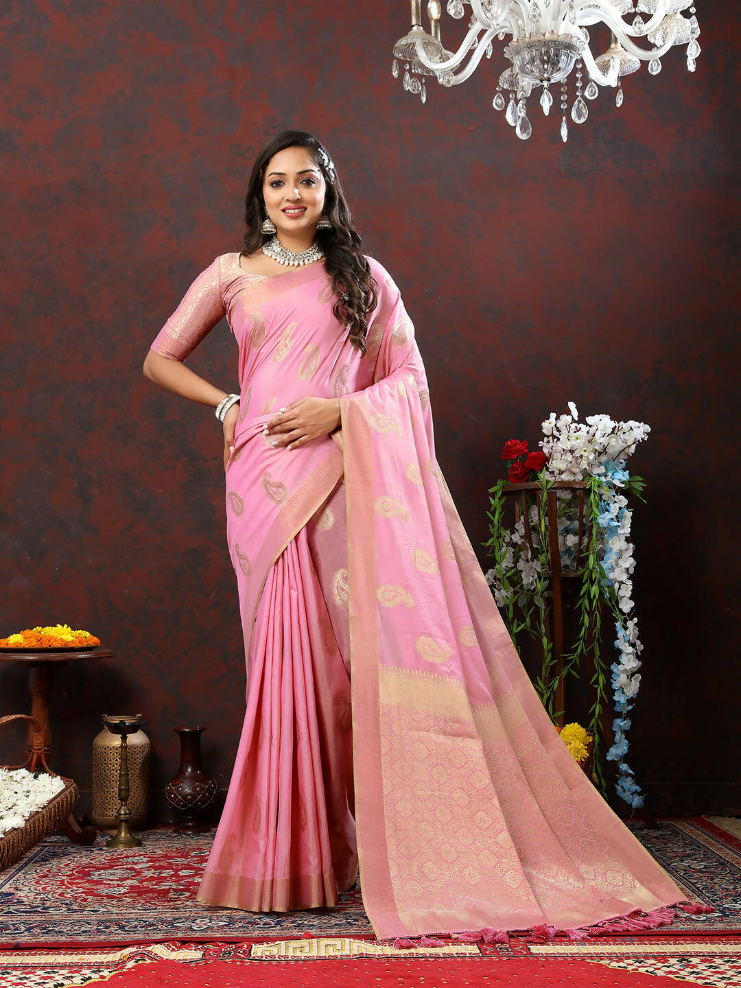 Lorenvalley Fashion Pink Cotton Woven Design with Zari Weaving Design Saree - Distacart