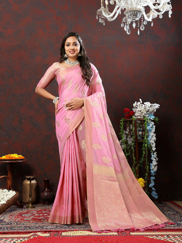 Lorenvalley Fashion Pink Cotton Woven Design with Zari Weaving Design Saree - Distacart