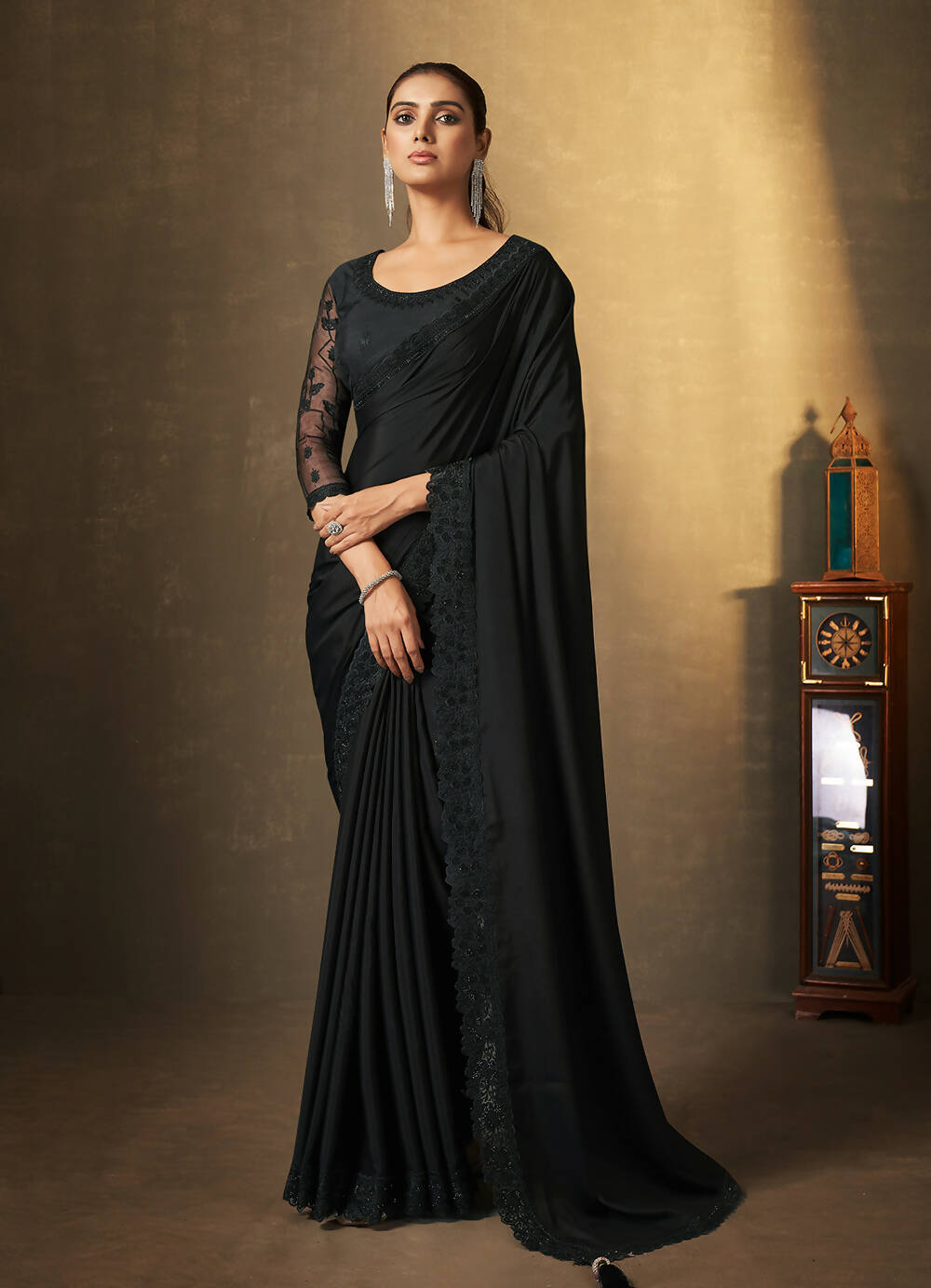 Black Satin Silk Floral Embroidered with Swaroski Work Saree With Unstitched Blouse Piece - Norita Royal Erisha - Distacart