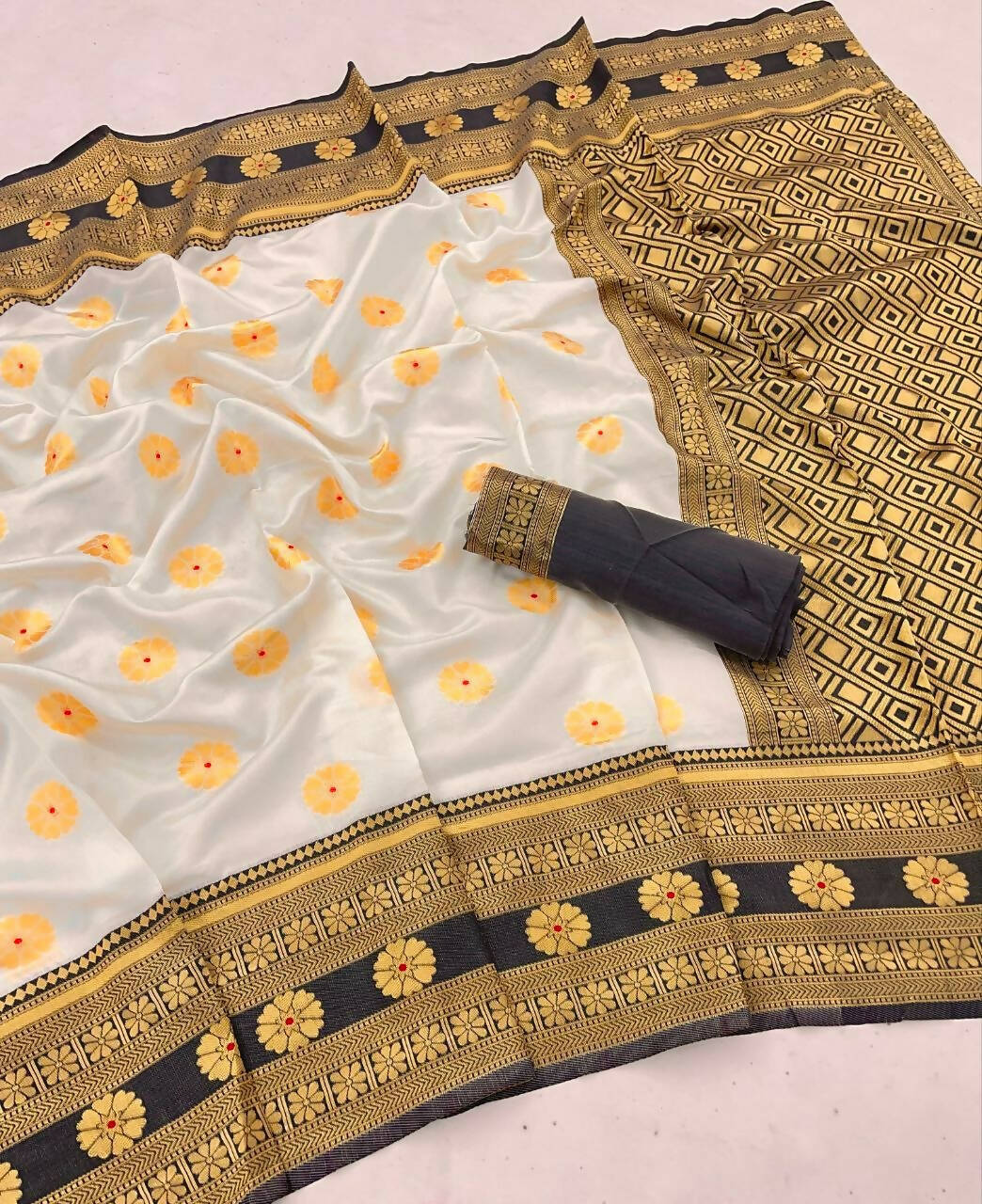 DEIANA'S Beautiful Golden Jari with New Design Soft Lichi Silk Saree - Cream - Distacart