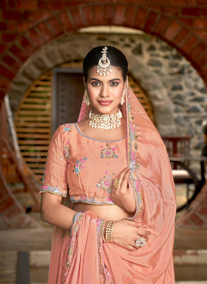 Peach Chinon Crushed Sequence and Thread Embroidery Work Lehenga Choli with Dupatta - Viharini - Distacart