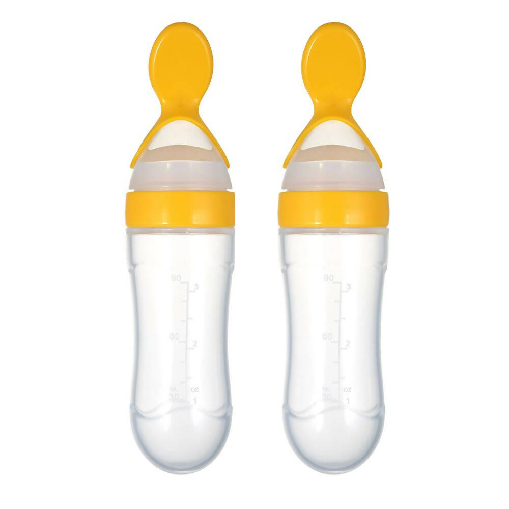 Safe-O-Kid Easy Set of 2 Squeezy Silicone Food Feeder Spoon (Soft Tip) Bottle- Yellow- 90mL - Distacart