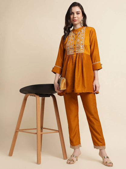 Mustard Chinon Floral Embroidered Top with Bottom - Maanushi - Distacart