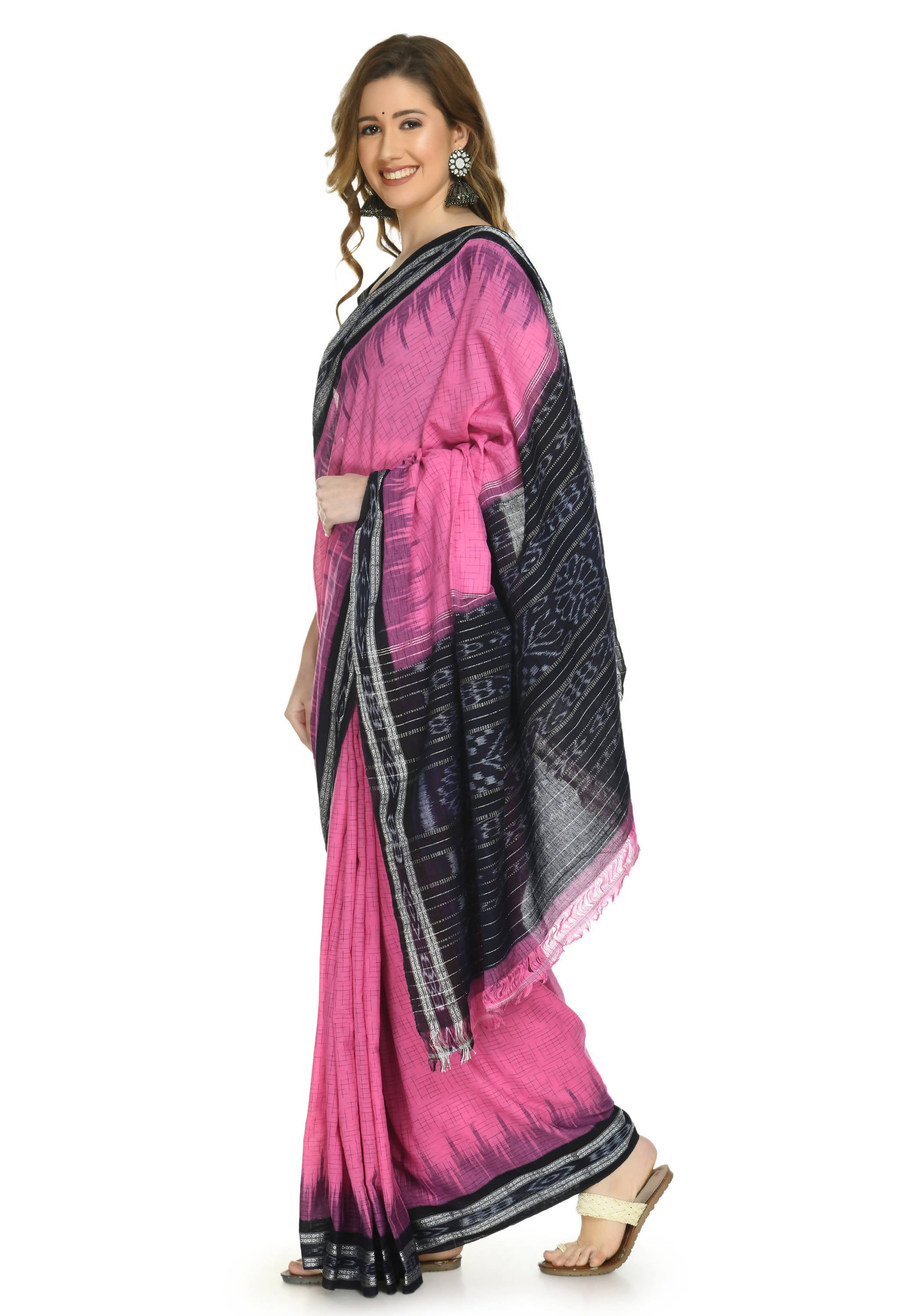 Vamika Sambalpuri Ikat Cotton Jharana Pink & Black Saree - Distacart