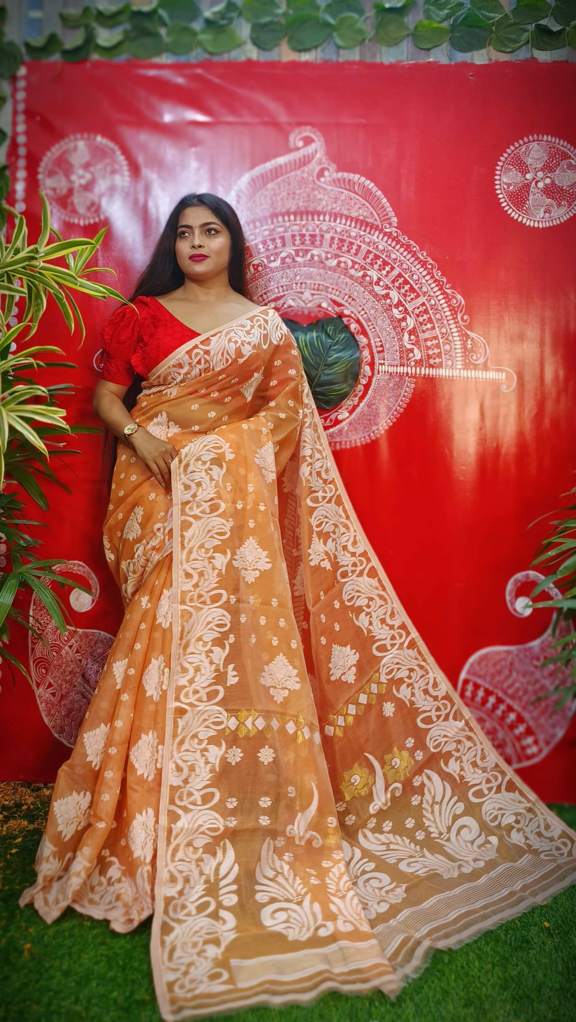 Exclusive Collection Handloom Dhakai Jamdani Saree - Orange - Distacart