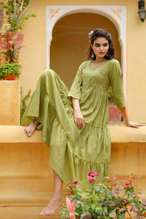 Yufta Green Cotton Dobby Dress
